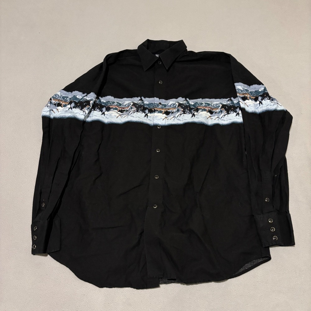 Panhandle Slim Mens XL Black Western Horse Graphic Button Down Shirt Grunge